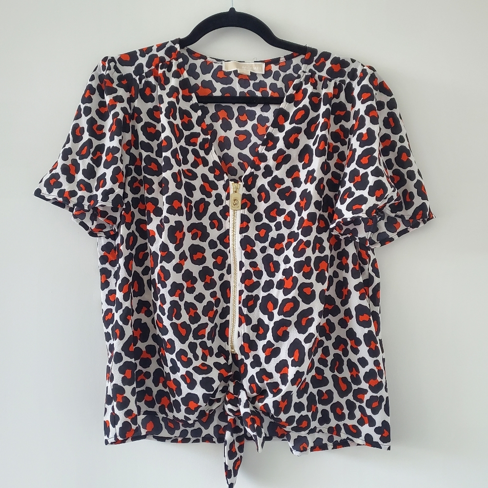 NWT Michael Kors Leopard Print Zip / Tie Blouse